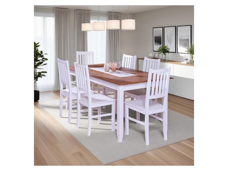 Ensemble salle à manger : table rectangulaire et six chaises blanches.