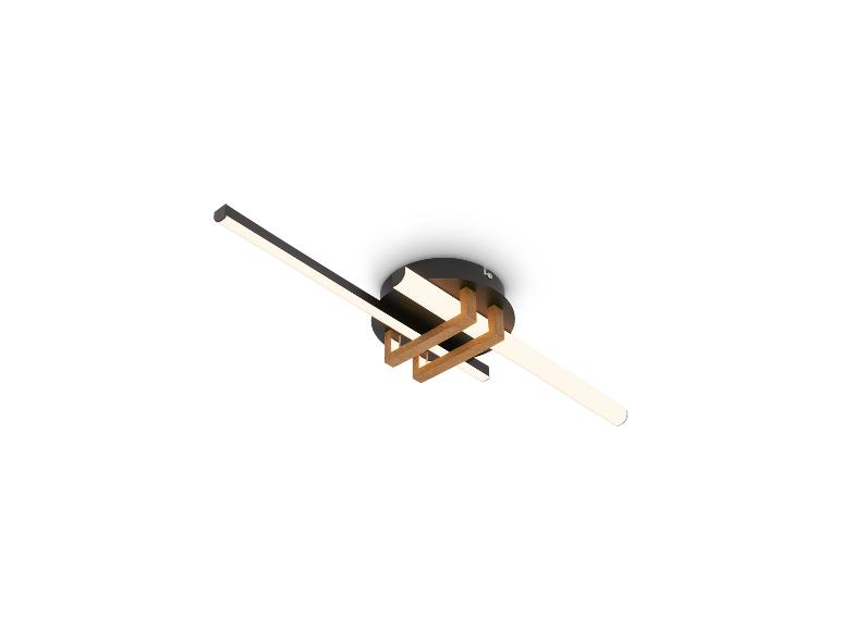 Plafonnier LED moderne avec bras noirs et détails en bois.