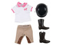 Un ensemble d'équitation pour poupées avec un polo, un pantalon, des bottes et un casque.