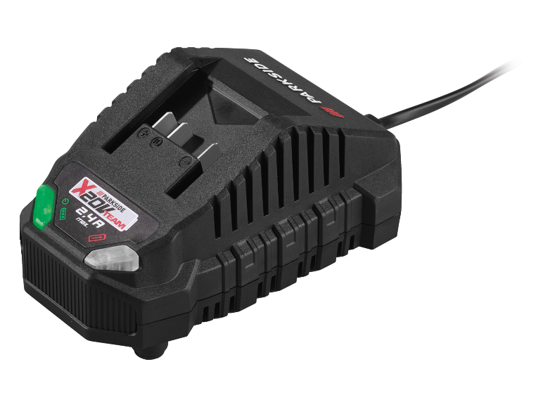 Chargeur de batterie pour série 20V, noir avec bouton vert et texte blanc.