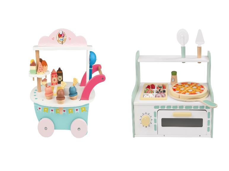 Chariot de glaces en bois et ensemble de cuisine jouet.
