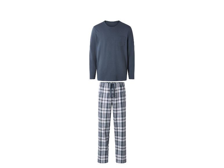 Pyjama homme avec t-shirt bleu à manches longues et pantalon à carreaux.