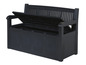 Un banc de rangement noir avec le couvercle ouvert.