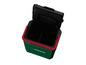 Une boîte de rangement verte avec des accents rouges, ouverte, avec le logo Parkside.