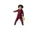 Enfant en combinaison bordeaux et chaussures bleues, tenant un seau vert.