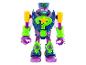 Une figurine de robot de couleur violette et verte.