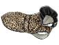 Manteau pour chien imprimé léopard avec bordure noire et détails réfléchissants