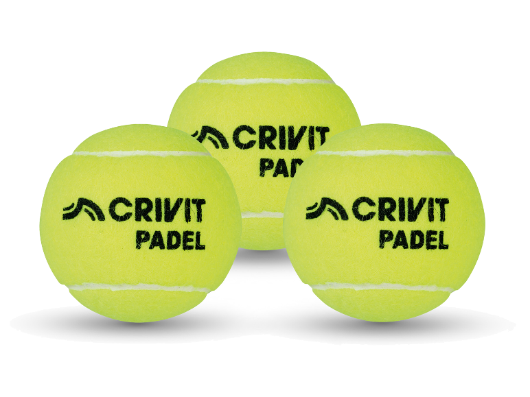 Trois balles de padel jaunes avec le texte « CRIVIT PADEL » sur fond blanc.