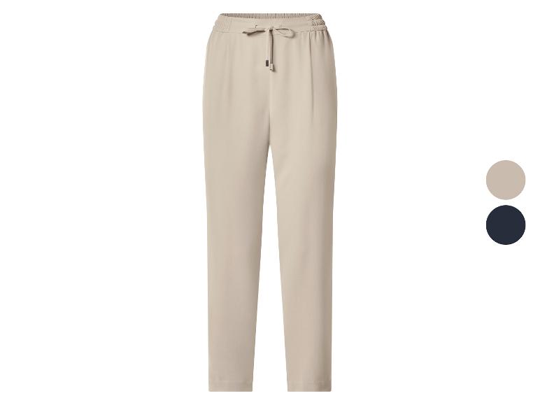 Pantalon femme beige avec taille élastique et cordon de serrage, également disponible en bleu marine.