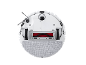 Dessous d'un aspirateur robot blanc avec une brosse rouge et un tampon de vadrouille gris.