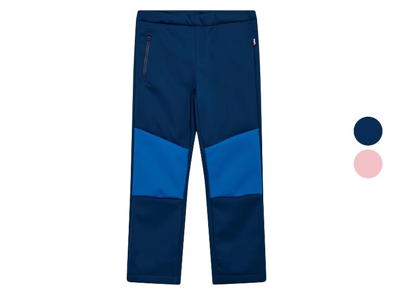 Pantalon softshell bleu pour enfants avec détails bleu clair et fermeture éclair.