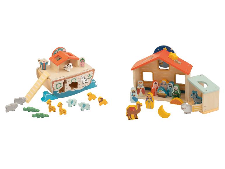 Jouets en bois: Arche de Noé avec animaux et crèche de Noël.
