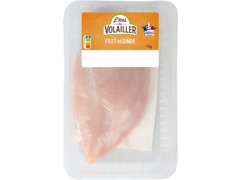 Emballage de 1 kg de filet de dinde, Nutri-Score A, avec label volaille française.