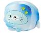 Peluche phoque bleu ciel en forme de cube, décorée d'étoiles.