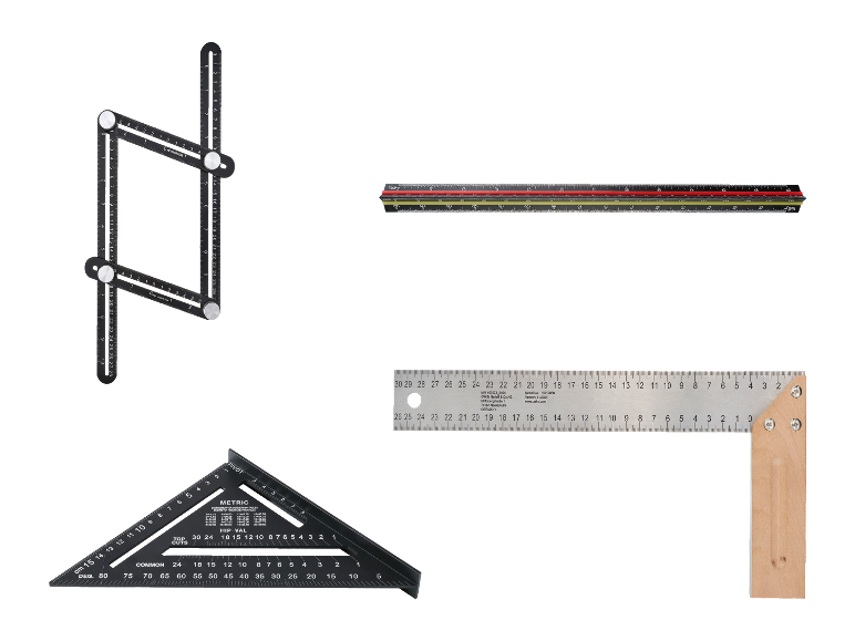 Outils de mesure : rapporteurs, règles et une règle pliable.