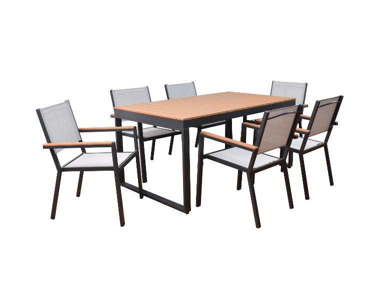 Ensemble de salle à manger de jardin avec une table rectangulaire et six chaises avec accoudoirs.