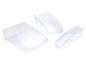 Trois bacs de rangement en plastique transparent.