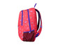 Un sac à dos rose avec un motif arc-en-ciel et une poche en filet.