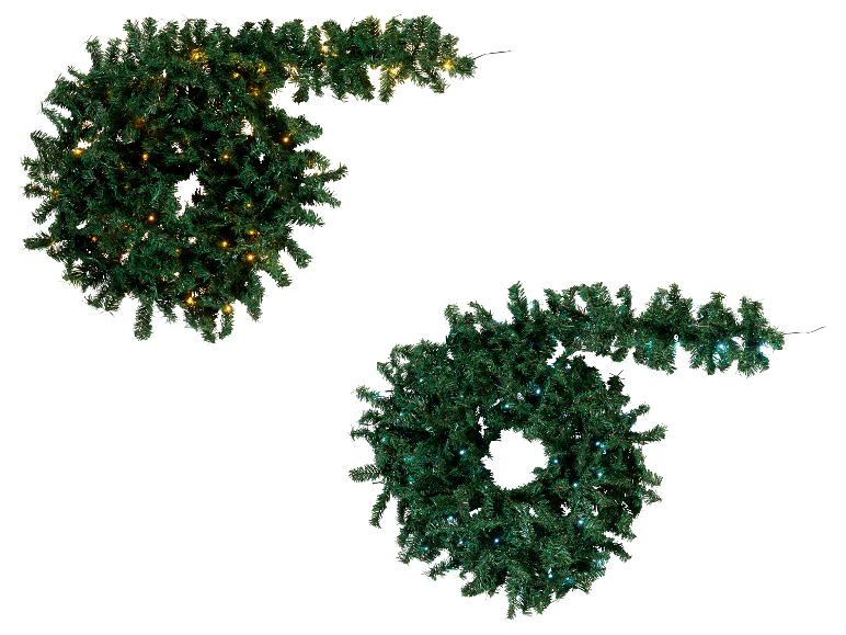 Deux guirlandes de Noël artificielles avec des lumières, une avec des lumières blanc chaud et une avec des lumières blanc froid.