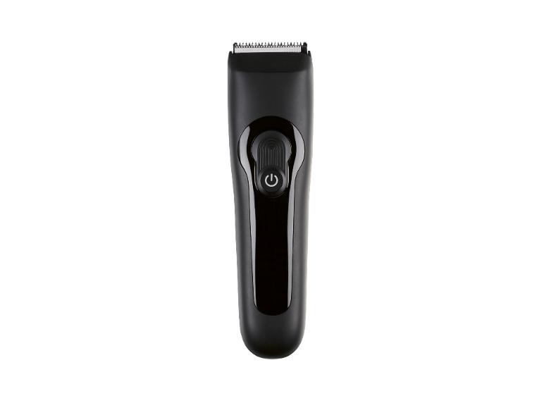 Tondeuse à cheveux noire avec lames argentées et bouton d'alimentation.