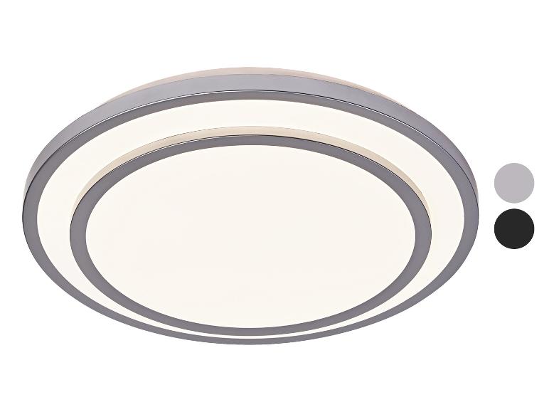 Plafonnier LED rond avec deux anneaux lumineux, en gris et noir.