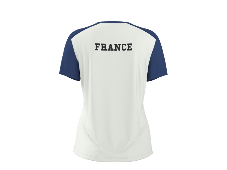 T-shirt blanc et bleu avec le mot « FRANCE » au dos.