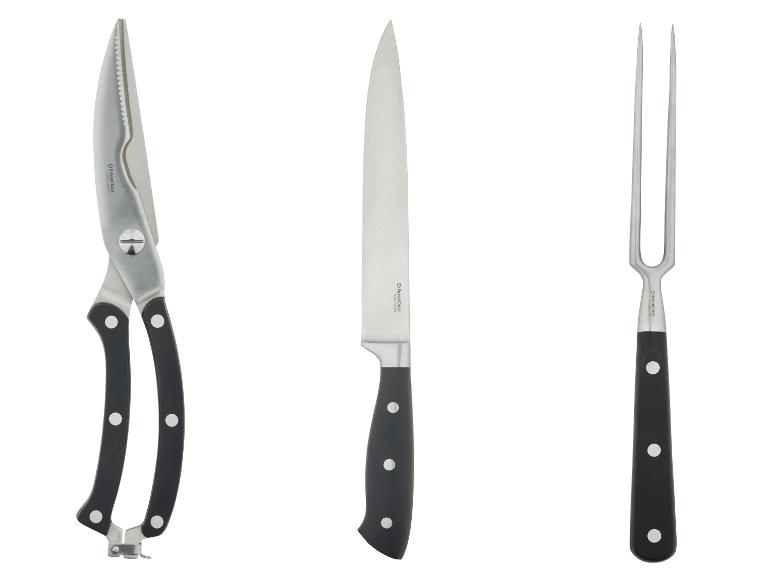 Ciseaux, couteau et fourchette Silvercrest à manches noirs.
