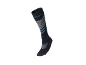 Chaussette de compression sportive noire avec détails gris et bleus.