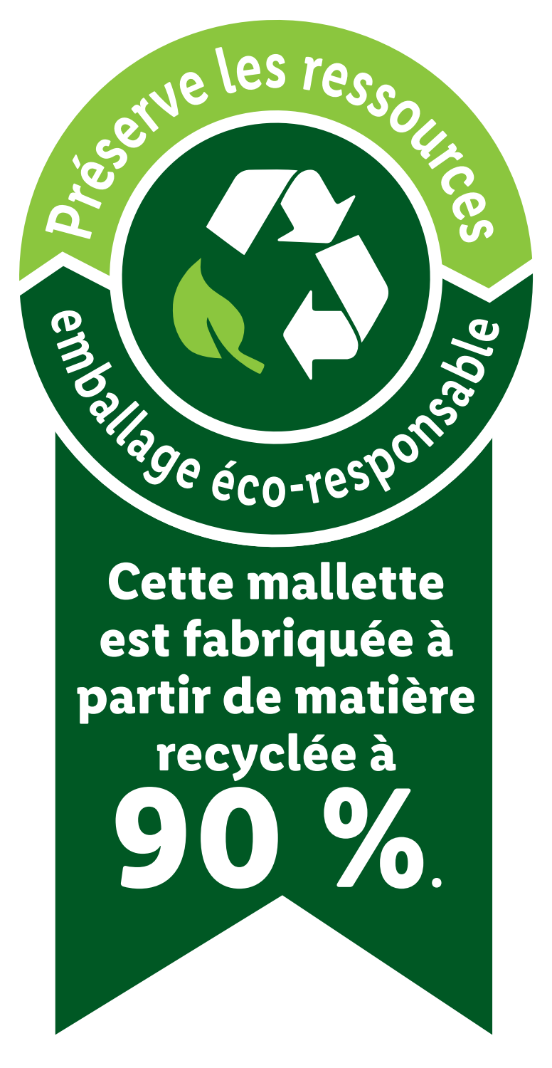 Étiquette : « Préserve les ressources, emballage éco-responsable. Cette mallette est fabriquée à partir de 90 % de matière recyclée. »