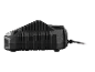 Chargeur de batterie noir, vu de côté.