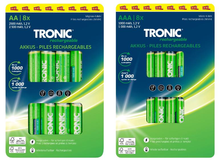 Piles rechargeables TRONIC AA et AAA, pack de 8, avec 1000 cycles de charge.