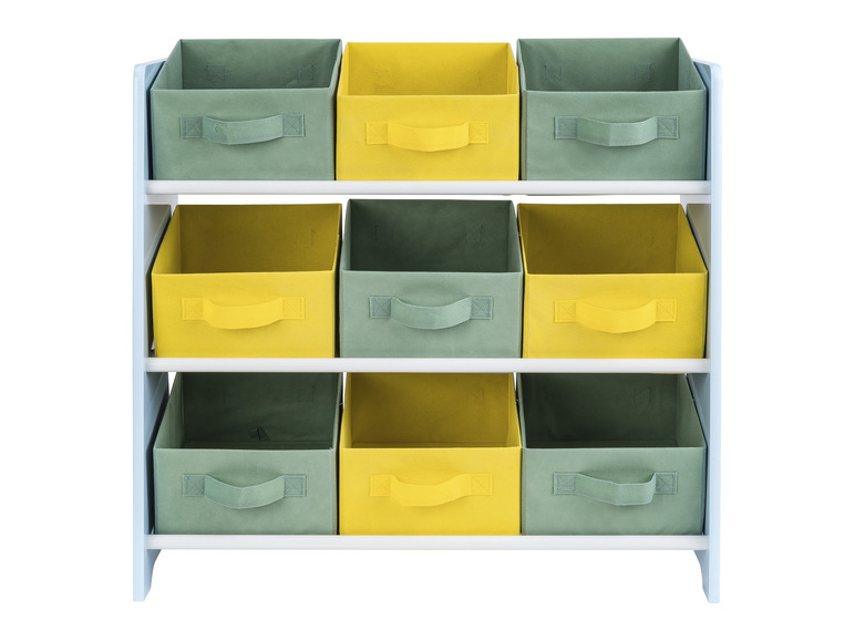 Une armoire de rangement bleue avec des paniers de rangement jaunes et verts.