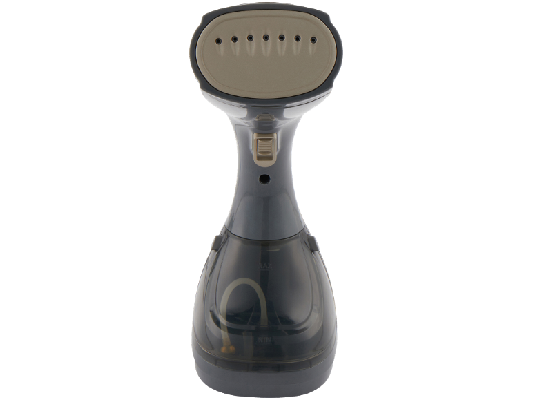 Défroisseur vapeur à main gris et beige avec réservoir d'eau transparent