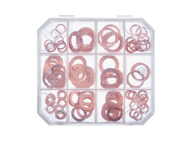 Assortiment de rondelles en cuivre dans un boîtier en plastique.