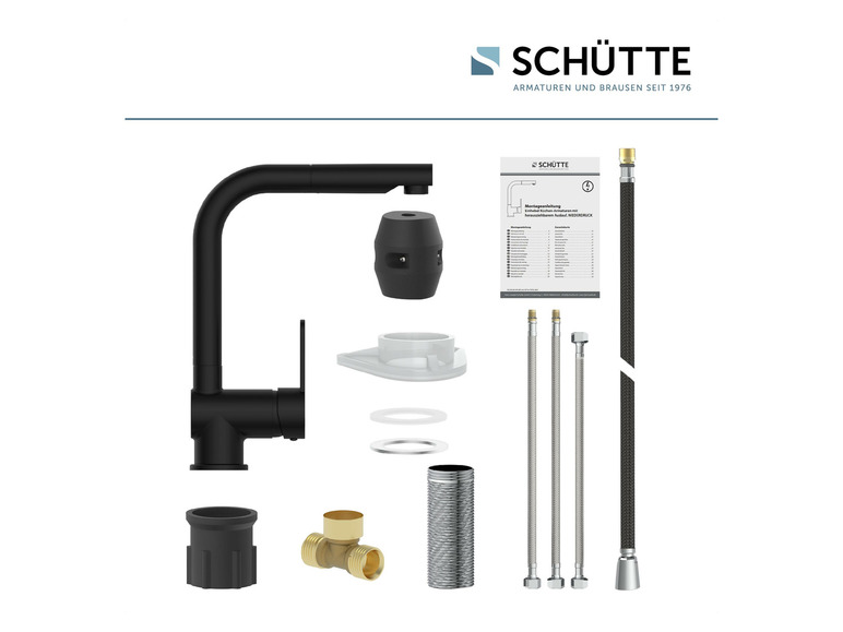 Un robinet de cuisine noir de Schütte avec instructions de montage et pièces.