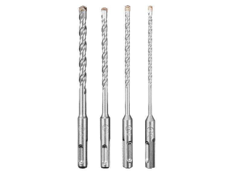 Quatre forets SDS plus pour marteau perforateur de différentes tailles, avec pointes en carbure.
