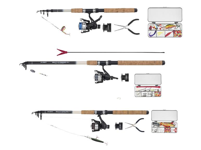Trois ensembles de cannes à pêche avec moulinets, leurres et boîtes de pêche, y compris cannes feeder et brochet.