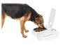 Un chien mange dans une gamelle automatique.
