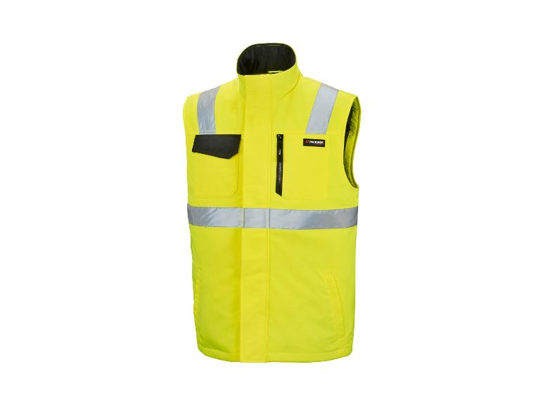 Gilet de sécurité jaune avec bandes réfléchissantes et poches zippées.