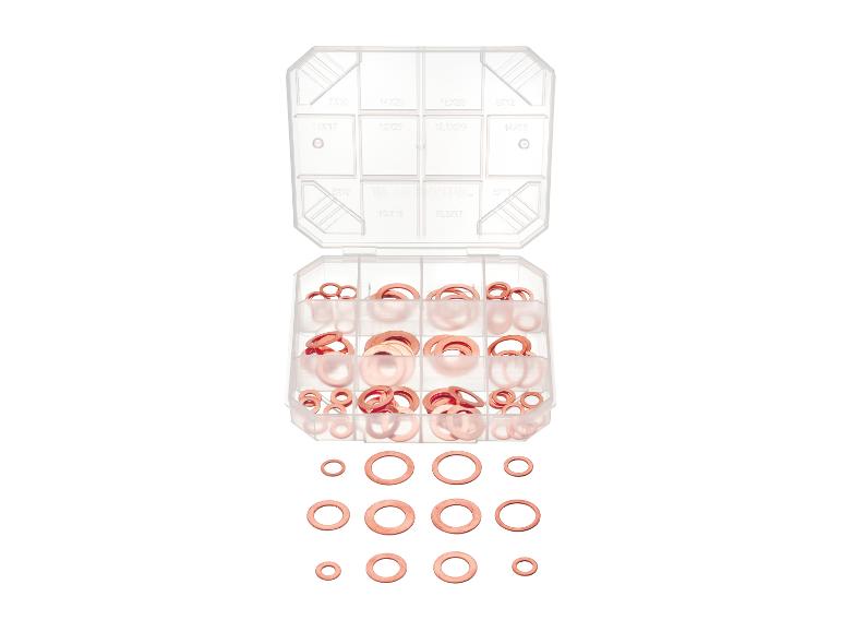 Assortiment de rondelles cuivre dans un boîtier transparent.