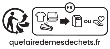 Étiquette française pour les instructions de recyclage et de don de textiles et chaussures : quefairedemesdechets.fr