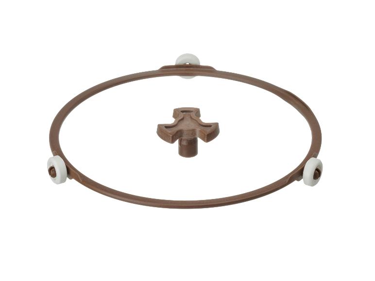 Cadre rond en plastique marron avec trois roulettes blanches et une fixation centrale.
