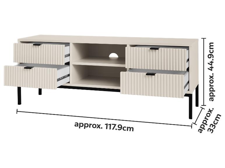 Meuble TV beige avec quatre tiroirs cannelés et deux étagères ouvertes, dimensions: 117.9x44.9x33cm.
