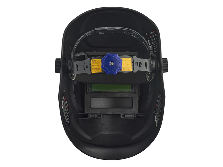Un masque de soudage noir avec un écran et un bouton de réglage.