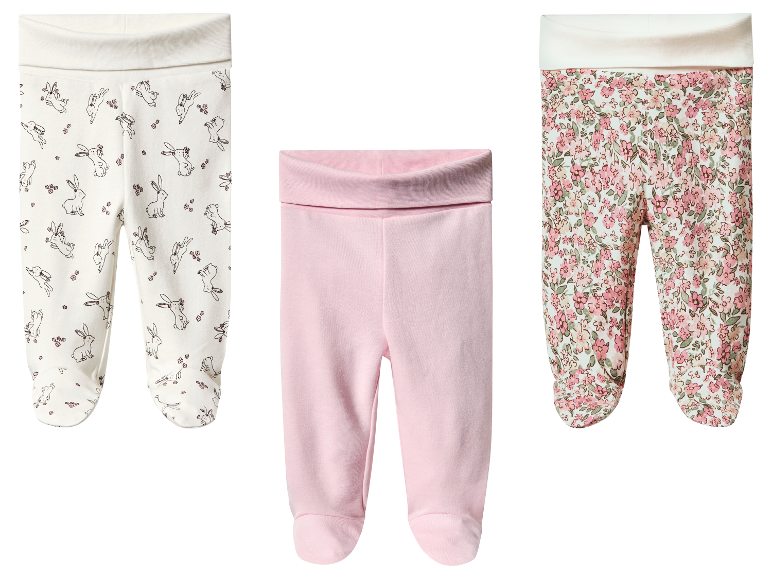 Trois leggings bébé : lapins, rose et imprimé floral.