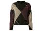 Pull argyle pour femme avec motifs losanges noirs, beiges et bordeaux.