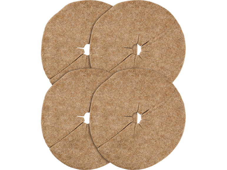 Quatre tapis de paillage ronds en noix de coco pour plantes, avec une fente autour du centre.