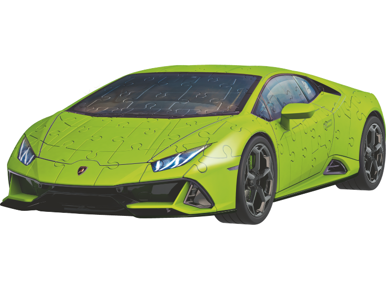 Puzzle 3D vert en forme de voiture de sport sur fond noir.