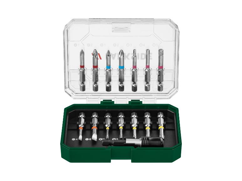 Jeu d'embouts de tournevis dans un étui transparent et vert, comprenant des embouts Phillips, Pozidriv, Torx et plats.