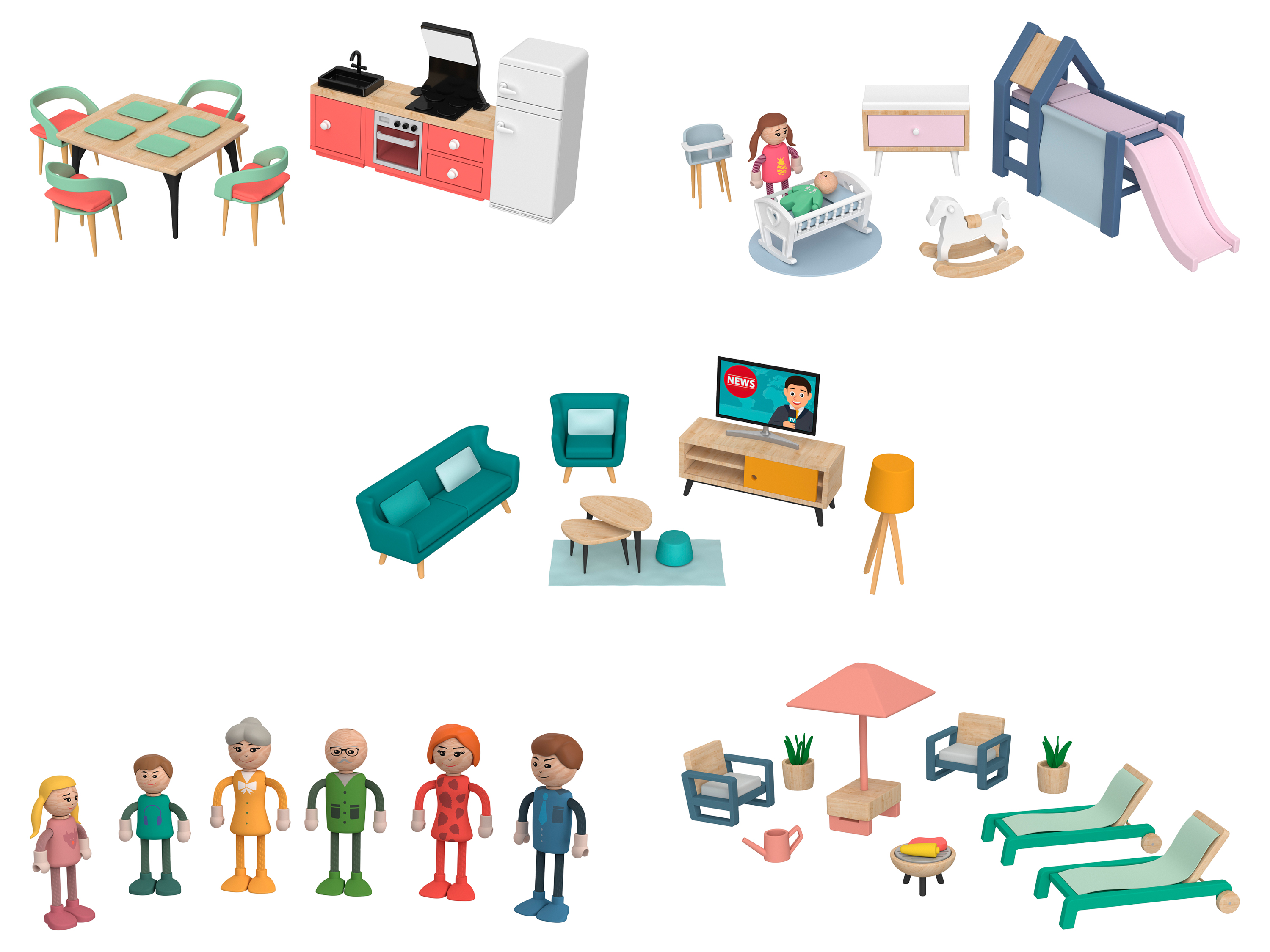 Playtive Meubles miniatures avec figurines et accessoires en textile